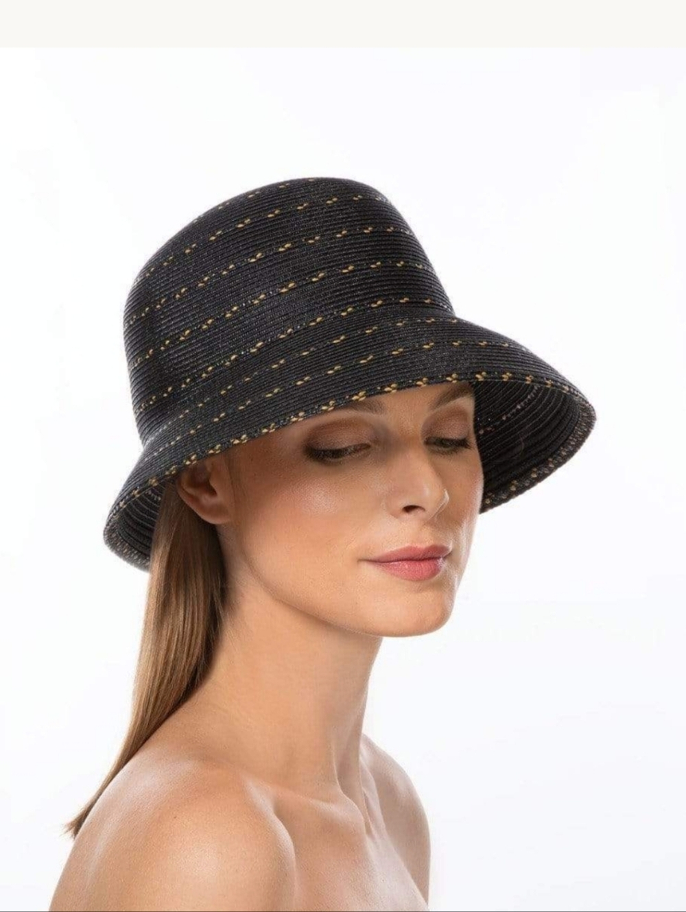 🌻Eric Javits Black Straw Cloche Hat with Gold Threading